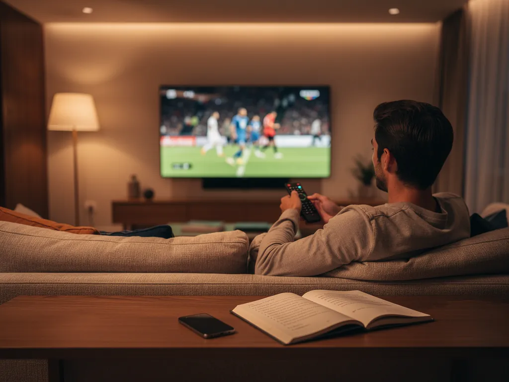 Person running an IPTV supplier free trial on a living room TV while taking notes on peak-hour quality and channel load