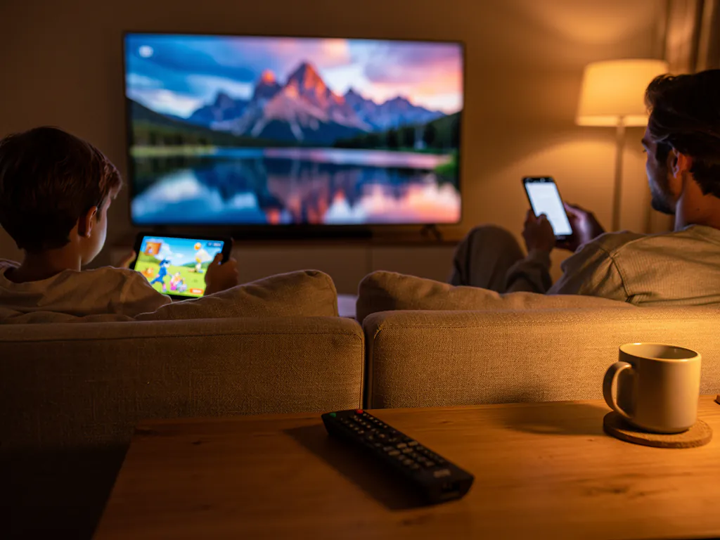 Family in a cozy living room using an IPTV supplier multi connection plan, with a nature documentary on the TV while a child streams on a tablet and a parent watches on a phone