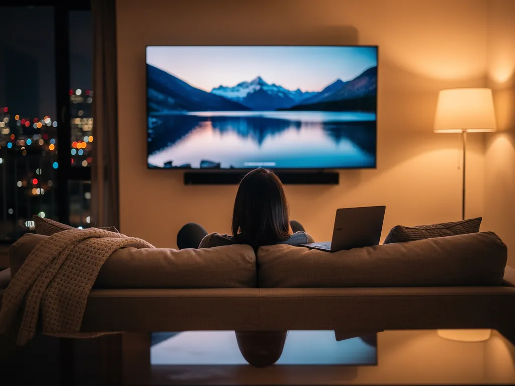 A buyer at home in the evening checking an IPTV supplier no WhatsApp pricing page on a laptop, with a nature documentary playing on the TV behind