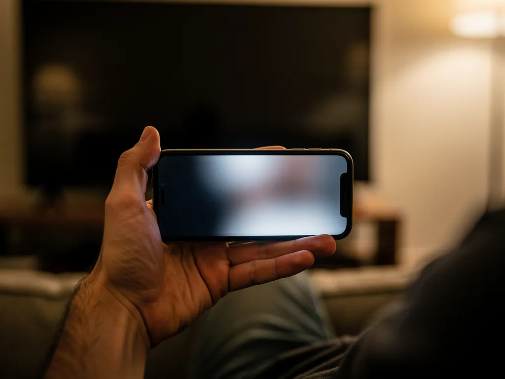 Person holding a phone showing a suspicious chat with an IPTV seller, dark TV off in the background, the moment a buyer should stop and check for scam red flags