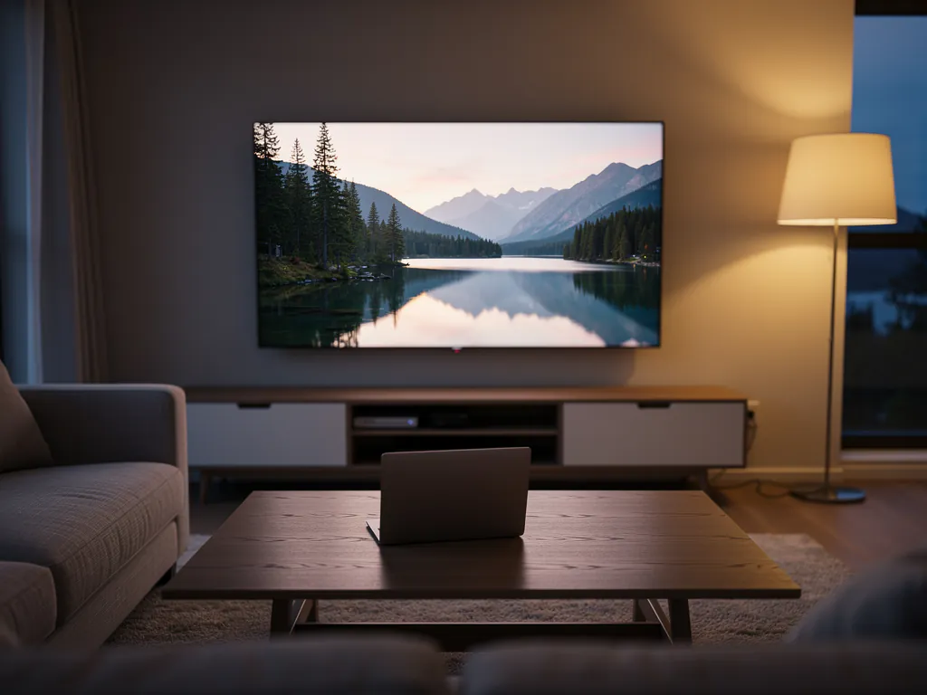 A calm living room at dusk with a TV playing a mountain lake landscape, the kind of stable evening viewing a reliable IPTV supplier shutdown-proof service should deliver for years