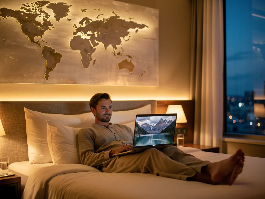 A traveler in a hotel room streaming an IPTV supplier USA UK Canada lineup on a laptop, with a world map softly lit on the wall behind and a nature documentary on screen