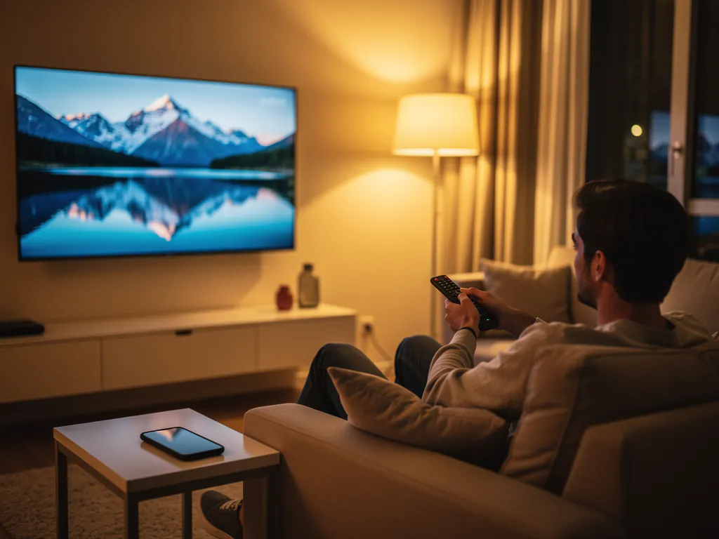 Person relaxing on a sofa watching a calm nature documentary on a large TV, the kind of stable evening stream a reliable IPTV supplier should deliver without freezing