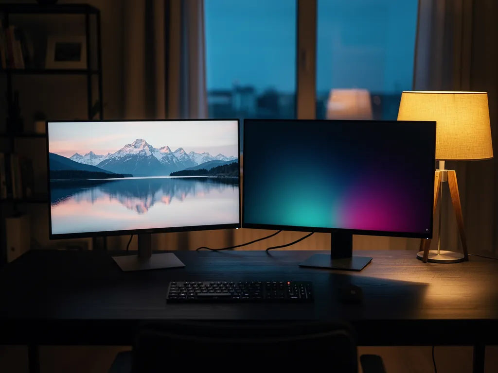 Two screens side by side on a desk, one showing a cluttered wholesale IPTV reseller panel dashboard and the other a clean live TV stream, warm desk lighting, the moment a buyer compares a panel against a consumer supplier
